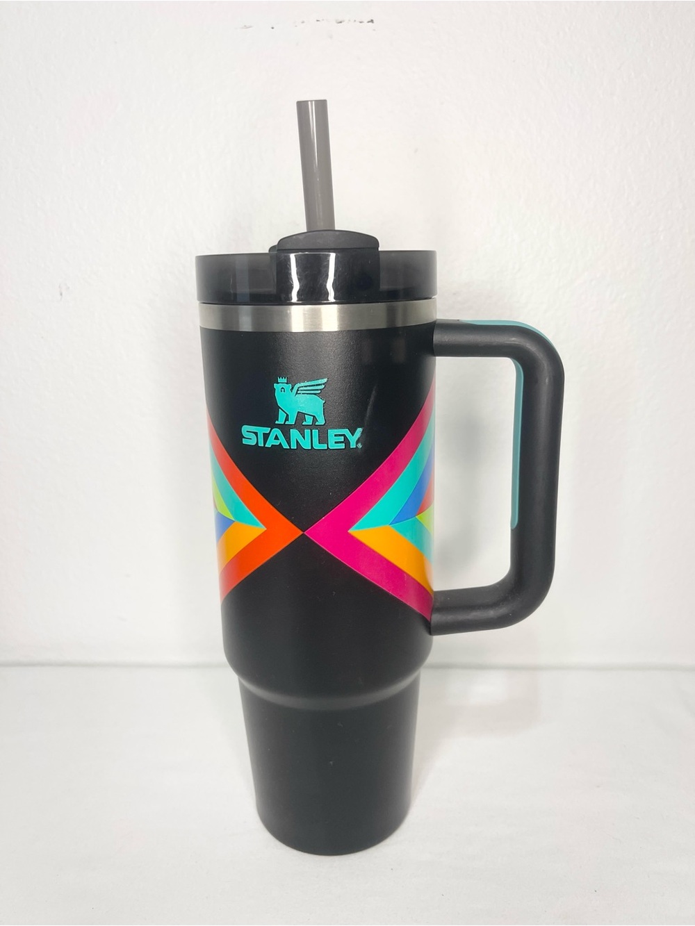Stanley Black Tumbler with Teal, Pink, Orange and Yellow Geometric Accent 30 oz